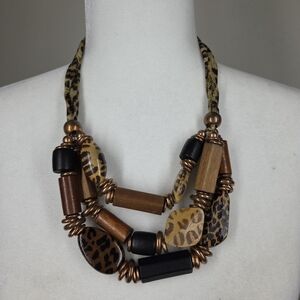 You & I Chunky Multi Strand Wood Animal Print Bead Necklace Statement Artsy